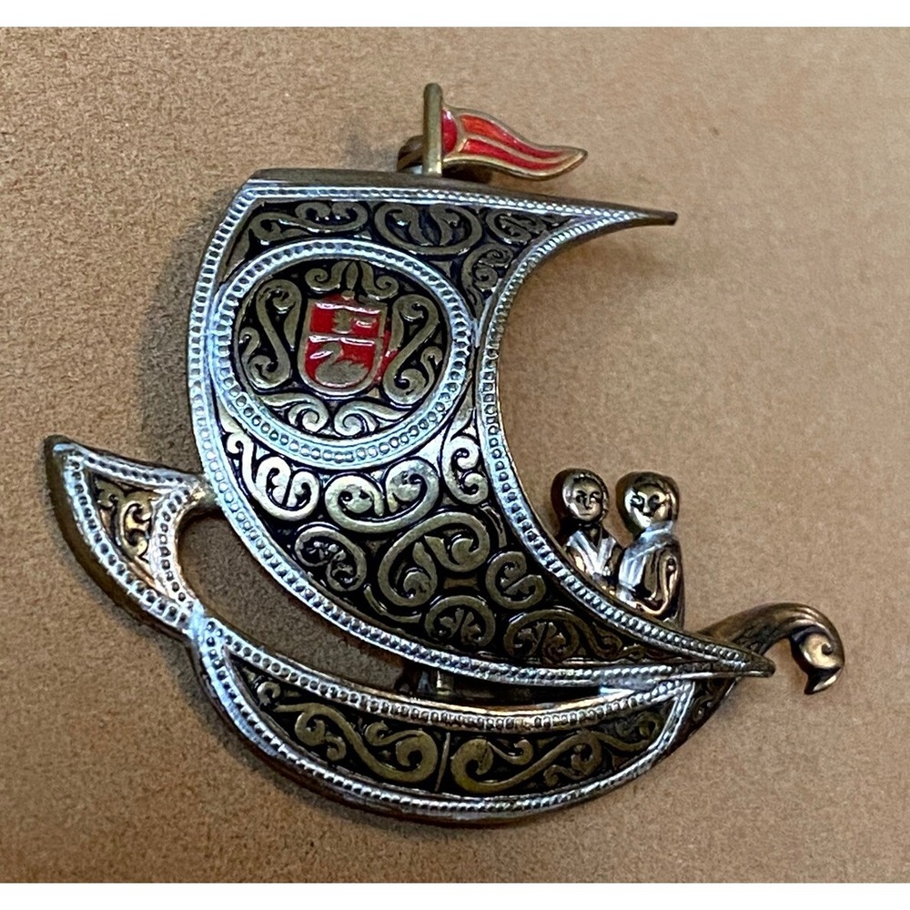 Vintage DAMASCENE SailBoat From Spain Pin Brooch Multi Color Daughter & Mom Trip
